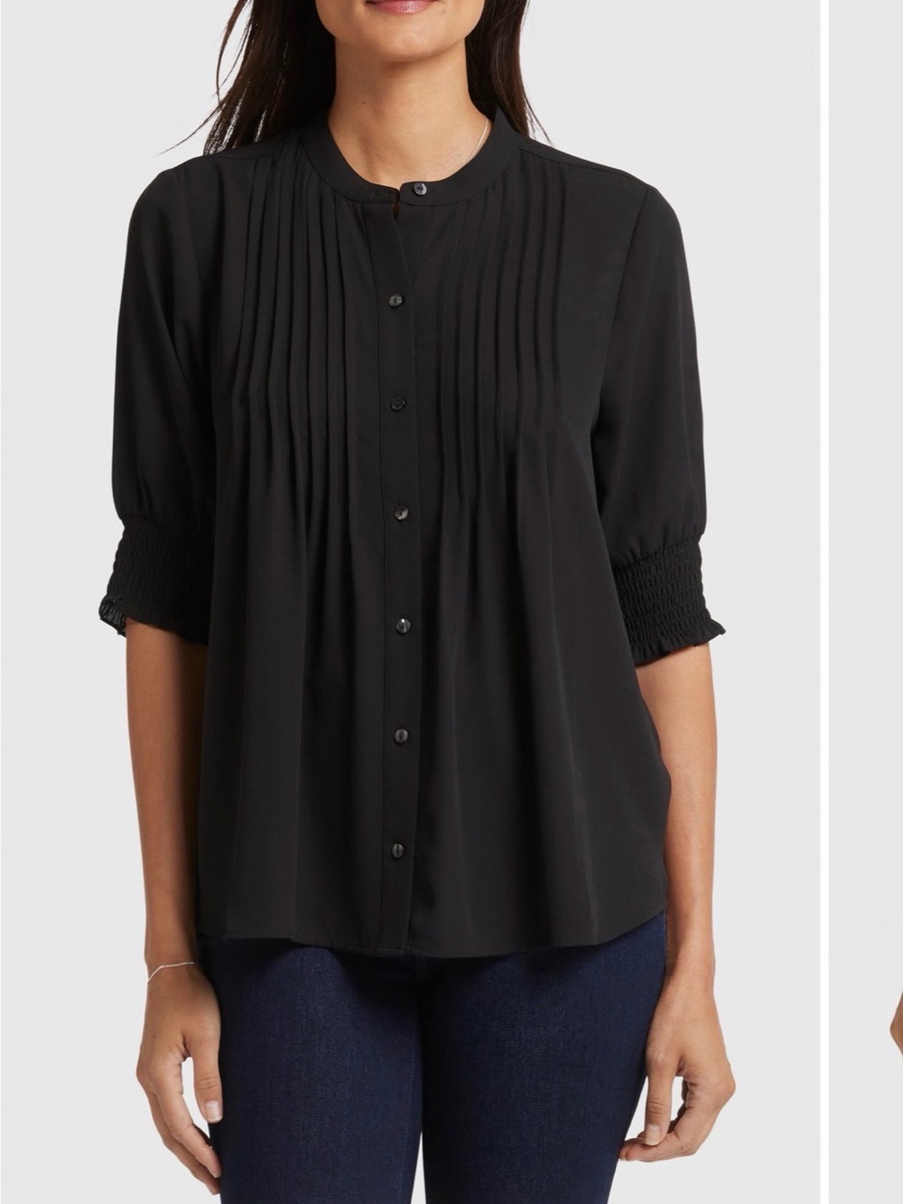 NYDJ Black Peasant Pintuck Button-Front Blouse with Smocked Elbow Sleeves